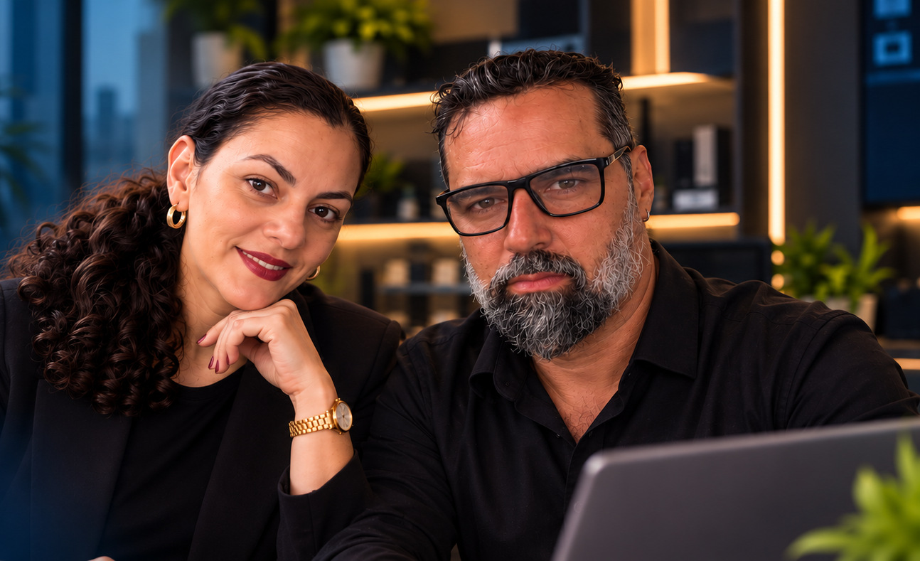 André Oliveira e Muriel de Paula em ambiente profissional